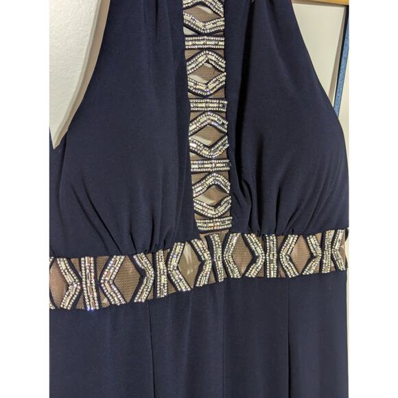 XSCAPE Crystal Embellished Halter Cut Out Dress Navy Blue Womens 8 Prom Formal - Picture 5 of 5